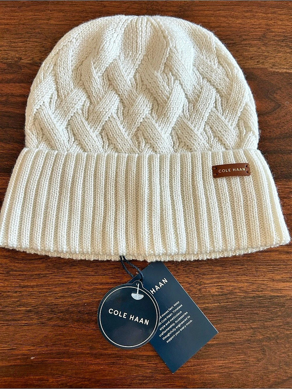 Cole Haan Cable Knit Cuffed Beanie in Cream